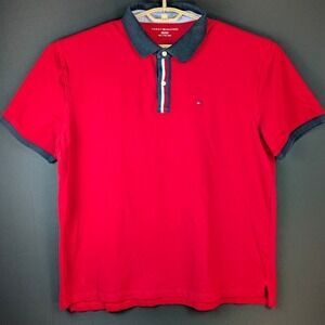 Tommy Hilfiger Pique Polo Shirt Mens XXL Red w/Navy Blue Cuffs & Collar Preppy